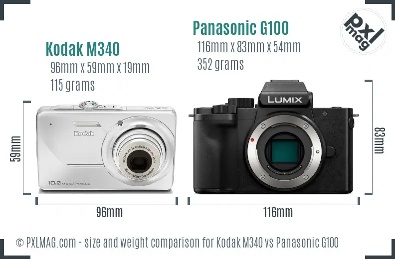 Kodak M340 vs Panasonic G100 size comparison