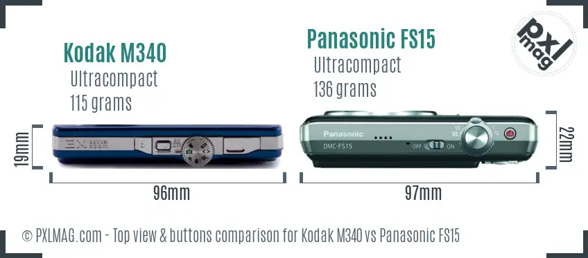 Kodak M340 vs Panasonic FS15 top view buttons comparison Kodak M340 vs Panasonic FS15 top view buttons comparison