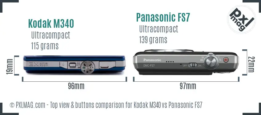 Kodak M340 vs Panasonic FS7 top view buttons comparison Kodak M340 vs Panasonic FS7 top view buttons comparison