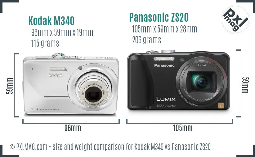 Kodak M340 vs Panasonic ZS20 size comparison