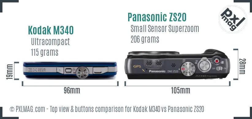 Kodak M340 vs Panasonic ZS20 top view buttons comparison
