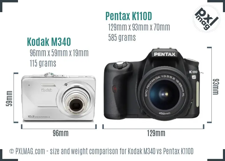 Kodak M340 vs Pentax K110D size comparison