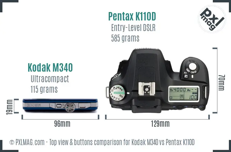 Kodak M340 vs Pentax K110D top view buttons comparison