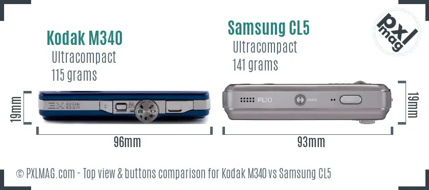 Kodak M340 vs Samsung CL5 top view buttons comparison