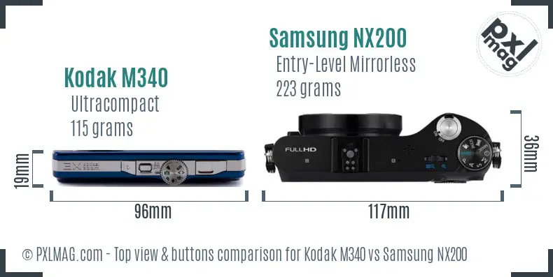 Kodak M340 vs Samsung NX200 top view buttons comparison