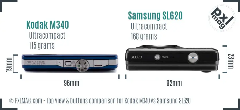 Kodak M340 vs Samsung SL620 top view buttons comparison