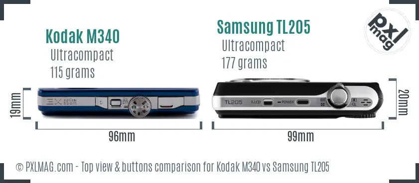 Kodak M340 vs Samsung TL205 top view buttons comparison