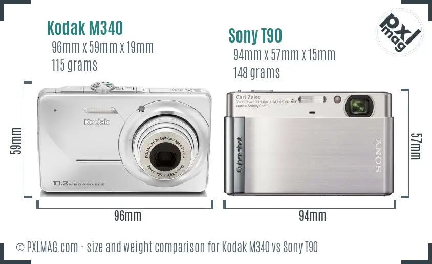 Kodak M340 vs Sony T90 size comparison