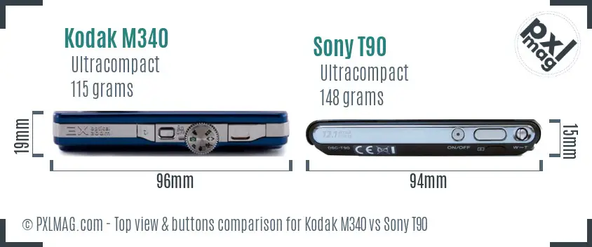 Kodak M340 vs Sony T90 top view buttons comparison
