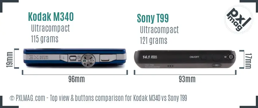 Kodak M340 vs Sony T99 top view buttons comparison