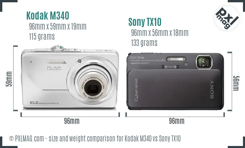 Kodak M340 vs Sony TX10 size comparison