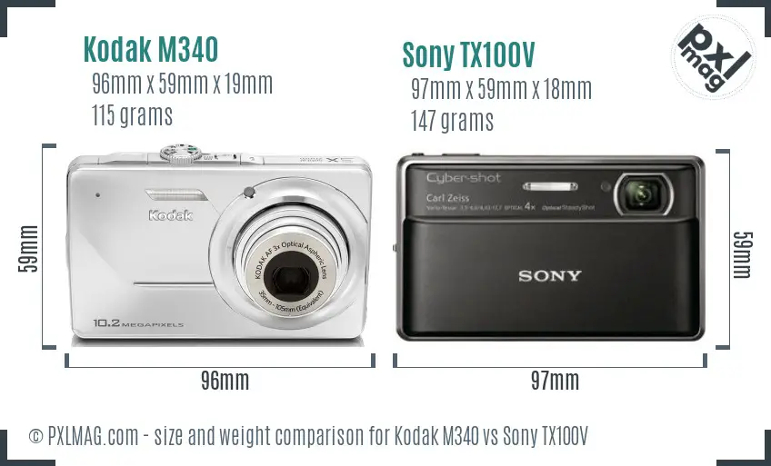 Kodak M340 vs Sony TX100V size comparison
