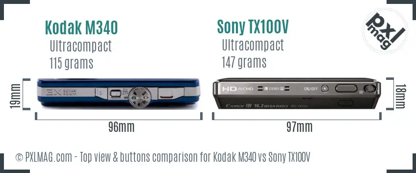 Kodak M340 vs Sony TX100V top view buttons comparison
