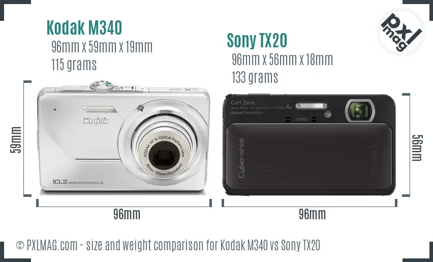 Kodak M340 vs Sony TX20 size comparison