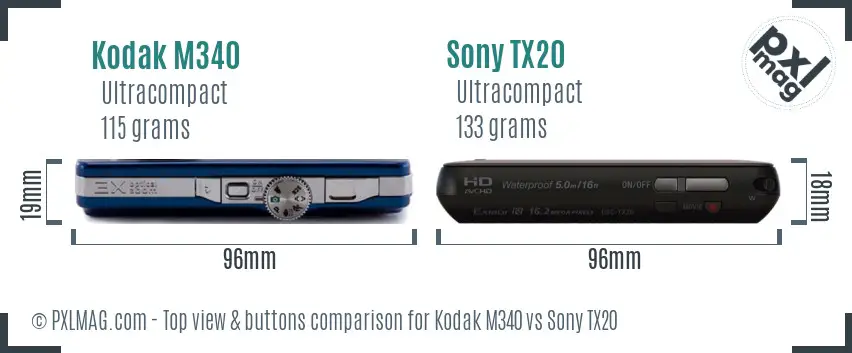 Kodak M340 vs Sony TX20 top view buttons comparison