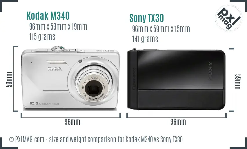 Kodak M340 vs Sony TX30 size comparison