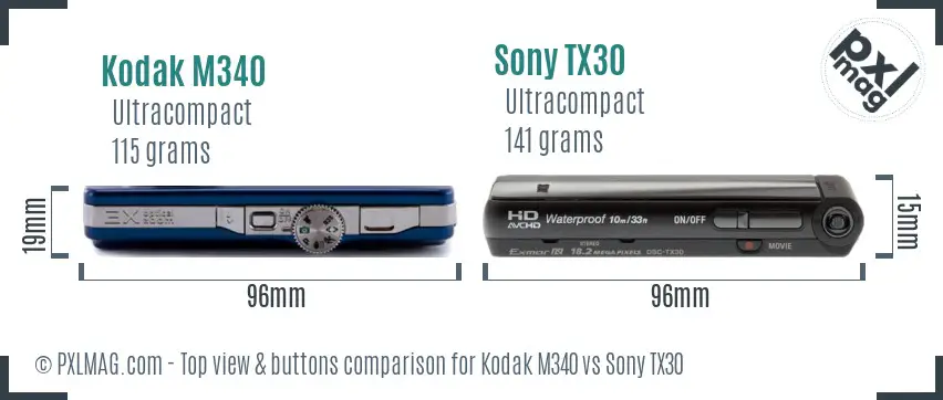 Kodak M340 vs Sony TX30 top view buttons comparison