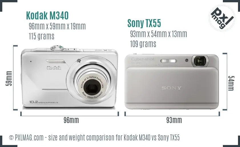 Kodak M340 vs Sony TX55 size comparison