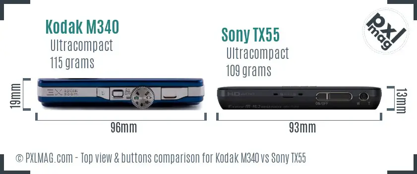 Kodak M340 vs Sony TX55 top view buttons comparison