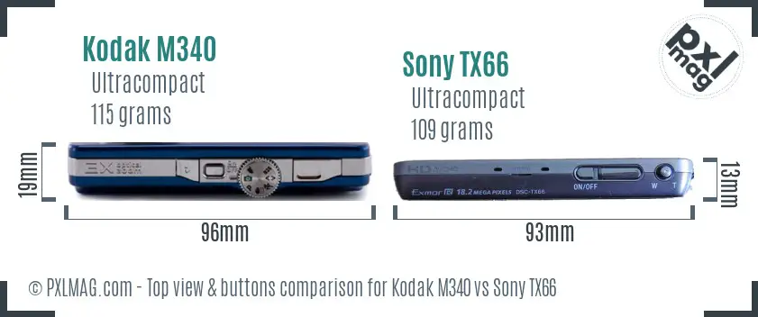 Kodak M340 vs Sony TX66 top view buttons comparison