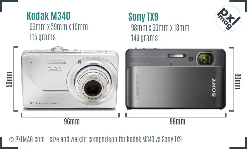 Kodak M340 vs Sony TX9 size comparison