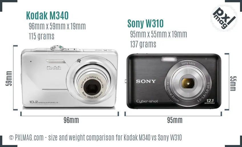 Kodak M340 vs Sony W310 size comparison