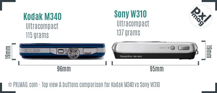 Kodak M340 vs Sony W310 top view buttons comparison