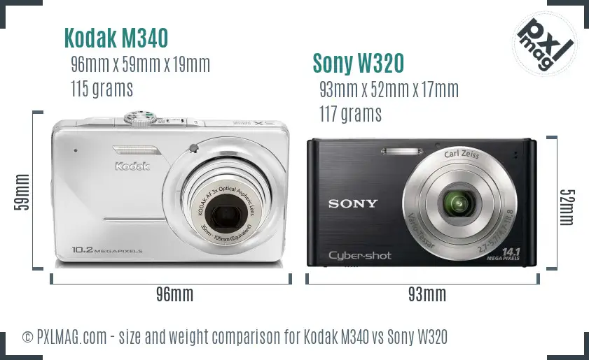 Kodak M340 vs Sony W320 size comparison