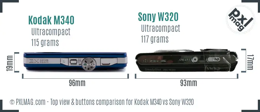 Kodak M340 vs Sony W320 top view buttons comparison