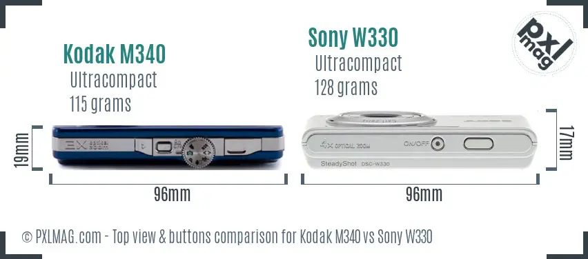 Kodak M340 vs Sony W330 top view buttons comparison