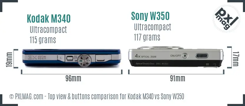 Kodak M340 vs Sony W350 top view buttons comparison