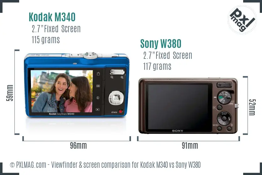 Kodak M340 vs Sony W380 Screen and Viewfinder comparison