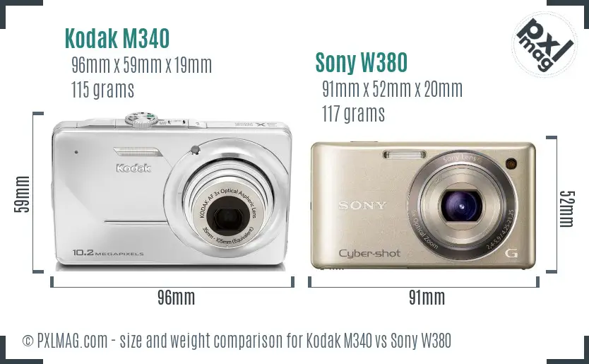 Kodak M340 vs Sony W380 size comparison