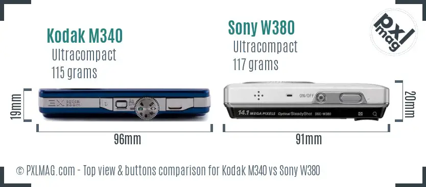 Kodak M340 vs Sony W380 top view buttons comparison
