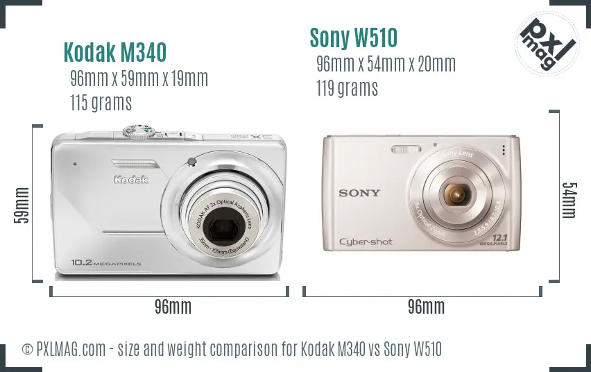Kodak M340 vs Sony W510 size comparison