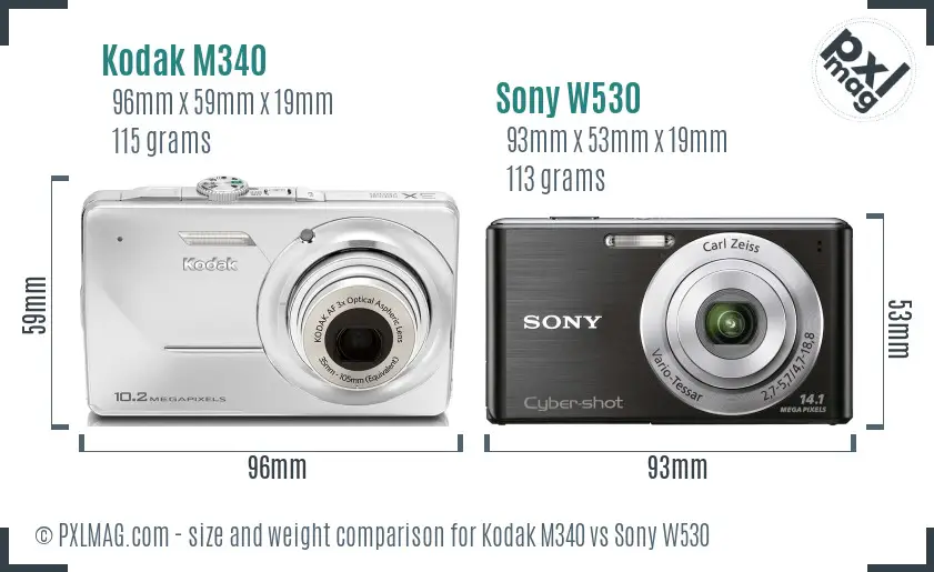 Kodak M340 vs Sony W530 size comparison