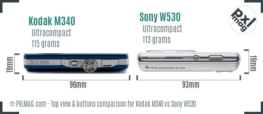 Kodak M340 vs Sony W530 top view buttons comparison