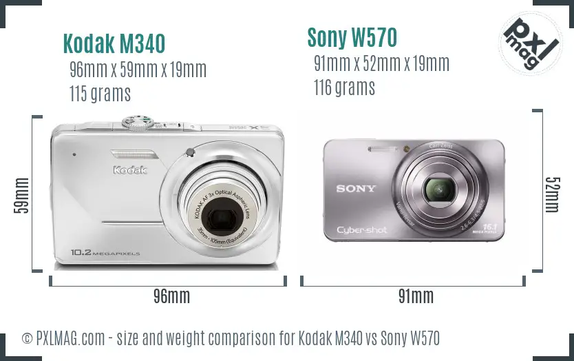 Kodak M340 vs Sony W570 size comparison