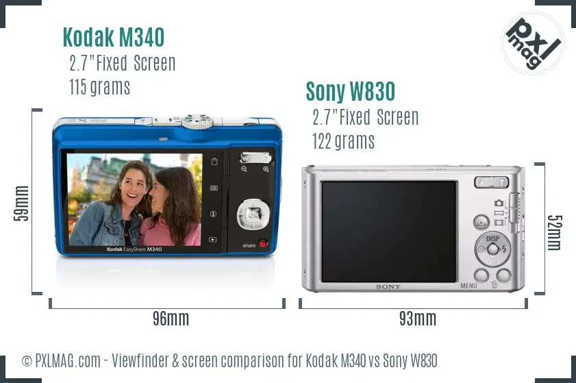 Kodak M340 vs Sony W830 Screen and Viewfinder comparison