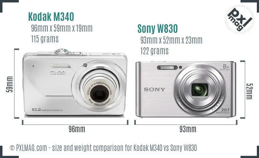 Kodak M340 vs Sony W830 size comparison