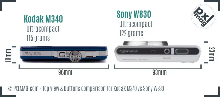 Kodak M340 vs Sony W830 top view buttons comparison