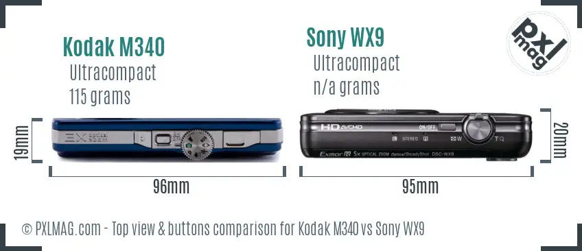 Kodak M340 vs Sony WX9 top view buttons comparison