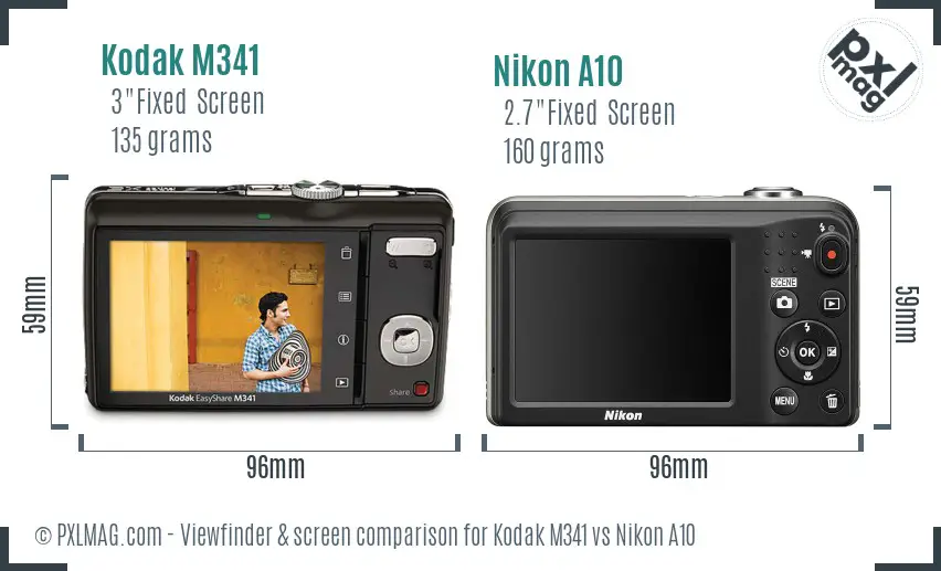 Kodak M341 vs Nikon A10 Screen and Viewfinder comparison