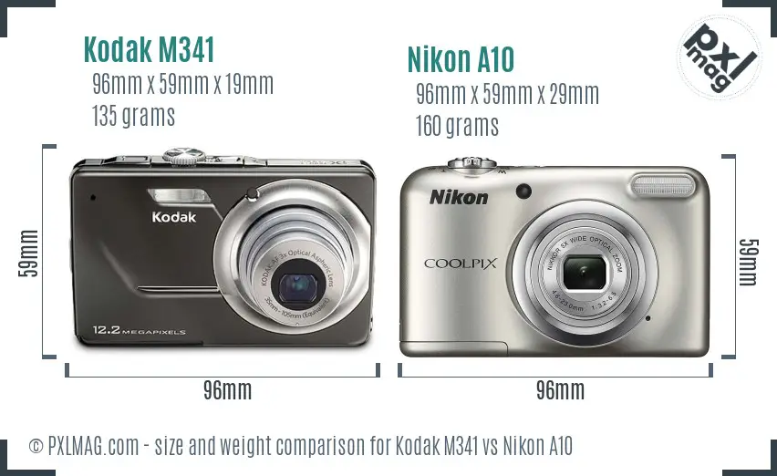 Kodak M341 vs Nikon A10 size comparison