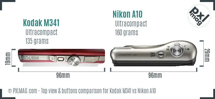 Kodak M341 vs Nikon A10 top view buttons comparison