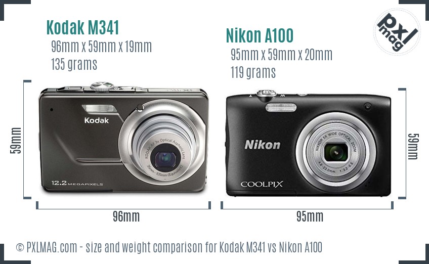 Kodak M341 vs Nikon A100 size comparison