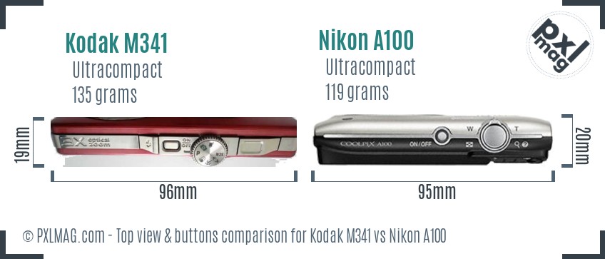 Kodak M341 vs Nikon A100 top view buttons comparison