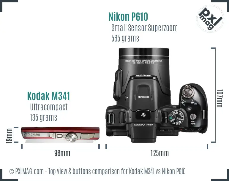 Kodak M341 vs Nikon P610 top view buttons comparison