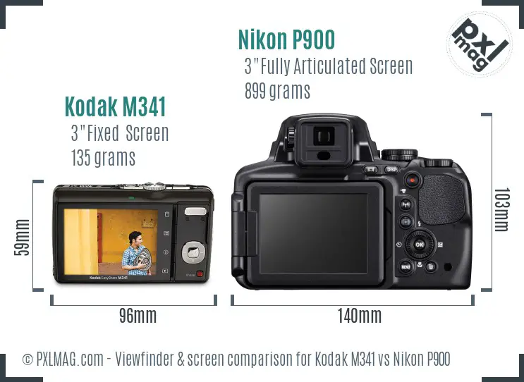 Kodak M341 vs Nikon P900 Screen and Viewfinder comparison