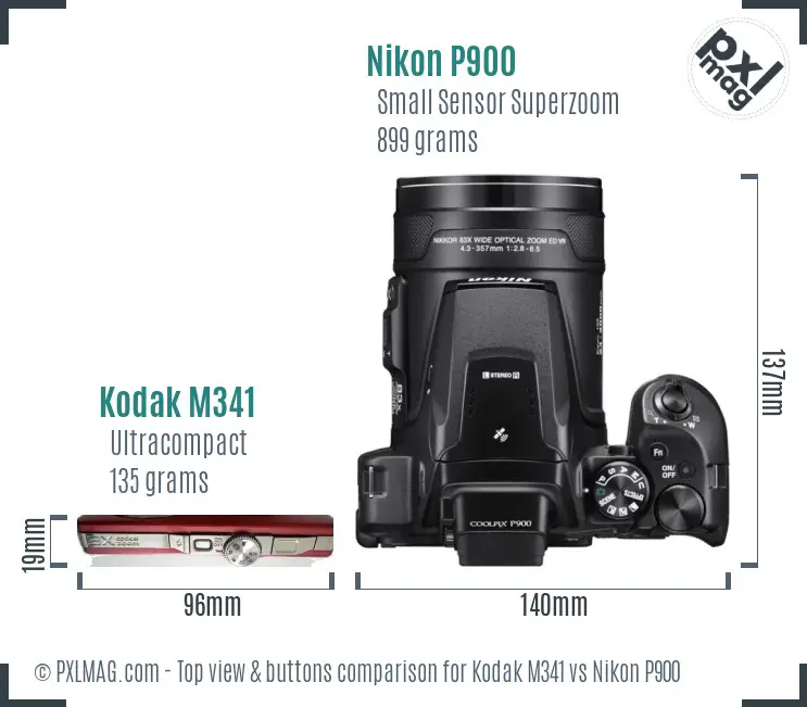 Kodak M341 vs Nikon P900 top view buttons comparison